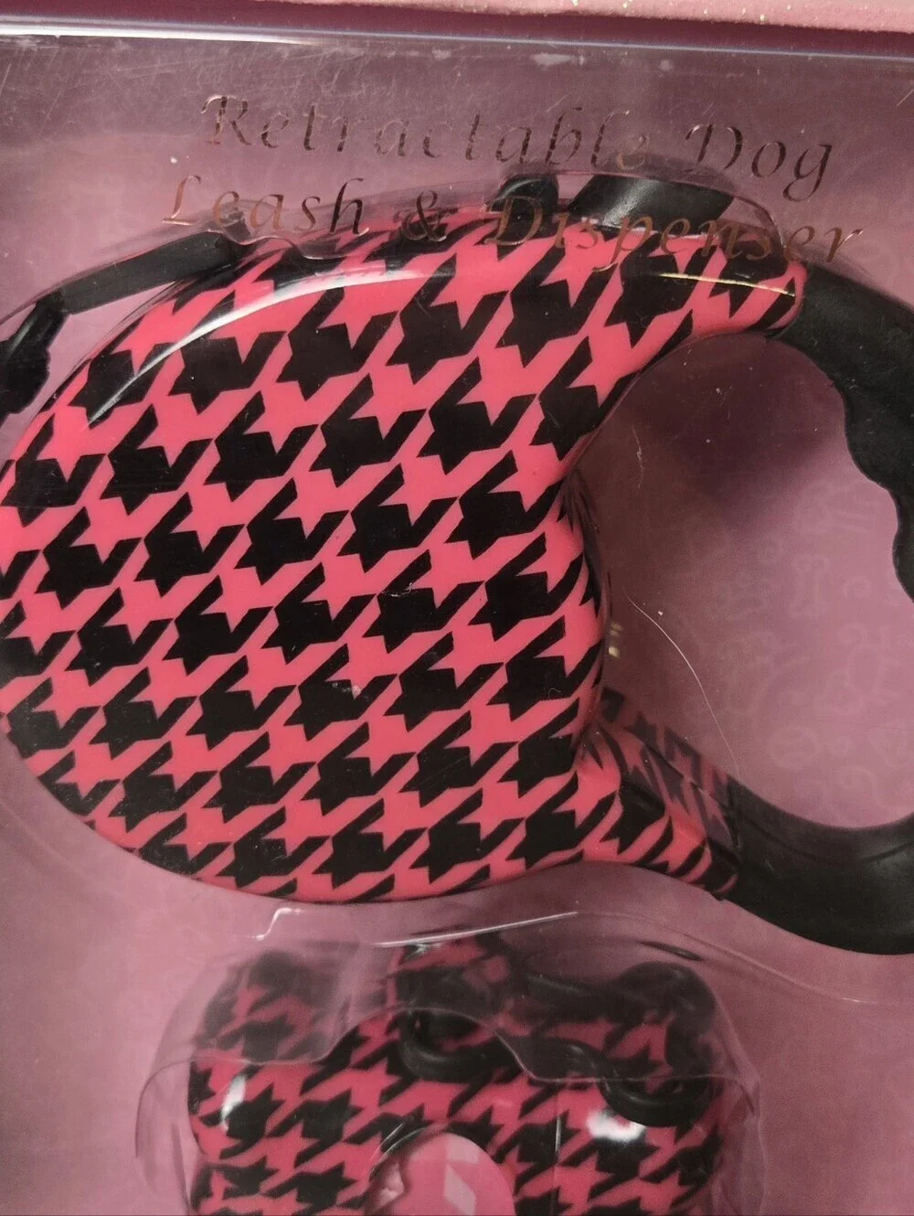 Pink Houndstooth Retractable Dog Leash Dispenser Set NIB